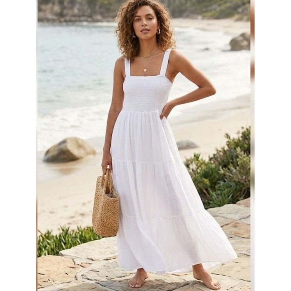 Sweet Wanderer White Smocked Tiered Maxi Dress Medium Boho Prairie Beachy